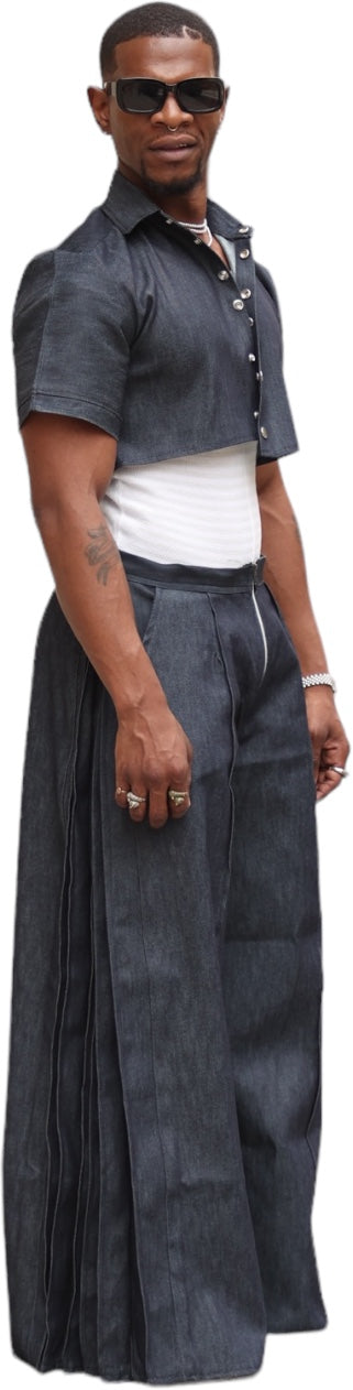 Drapery Denim Wide-Leg Pleated Pant