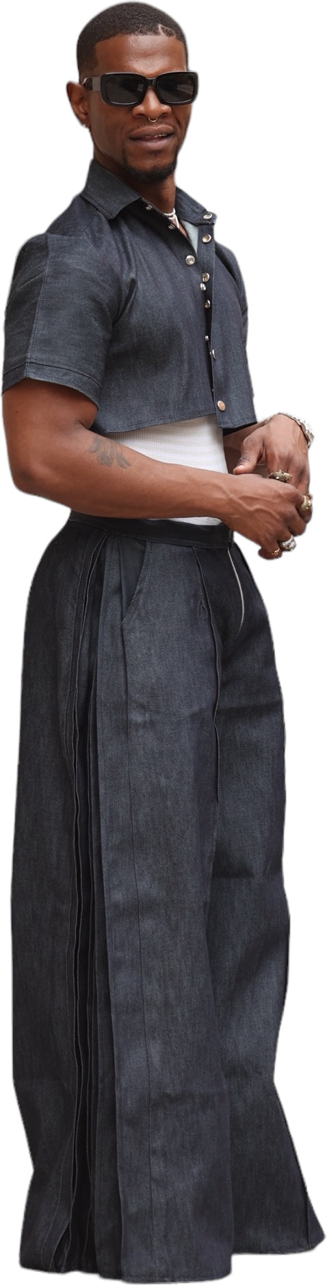 Drapery Denim Wide-Leg Pleated Pant