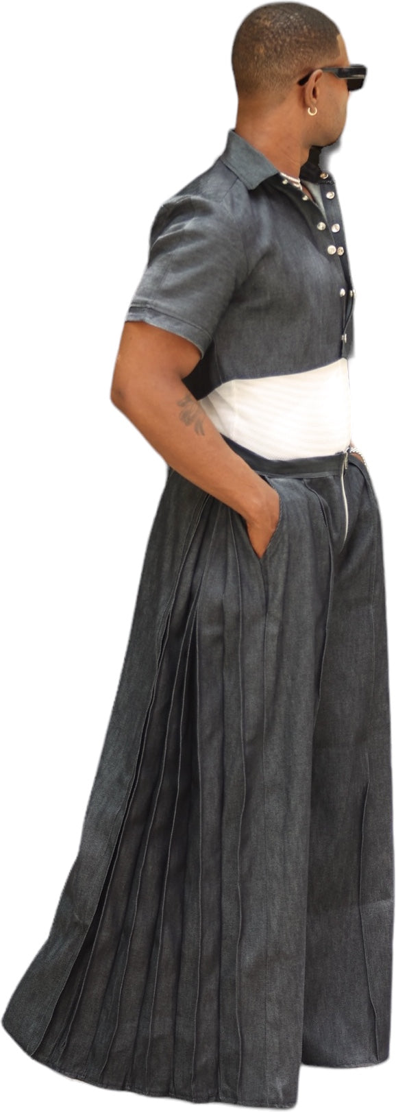 Drapery Denim Wide-Leg Pleated Pant