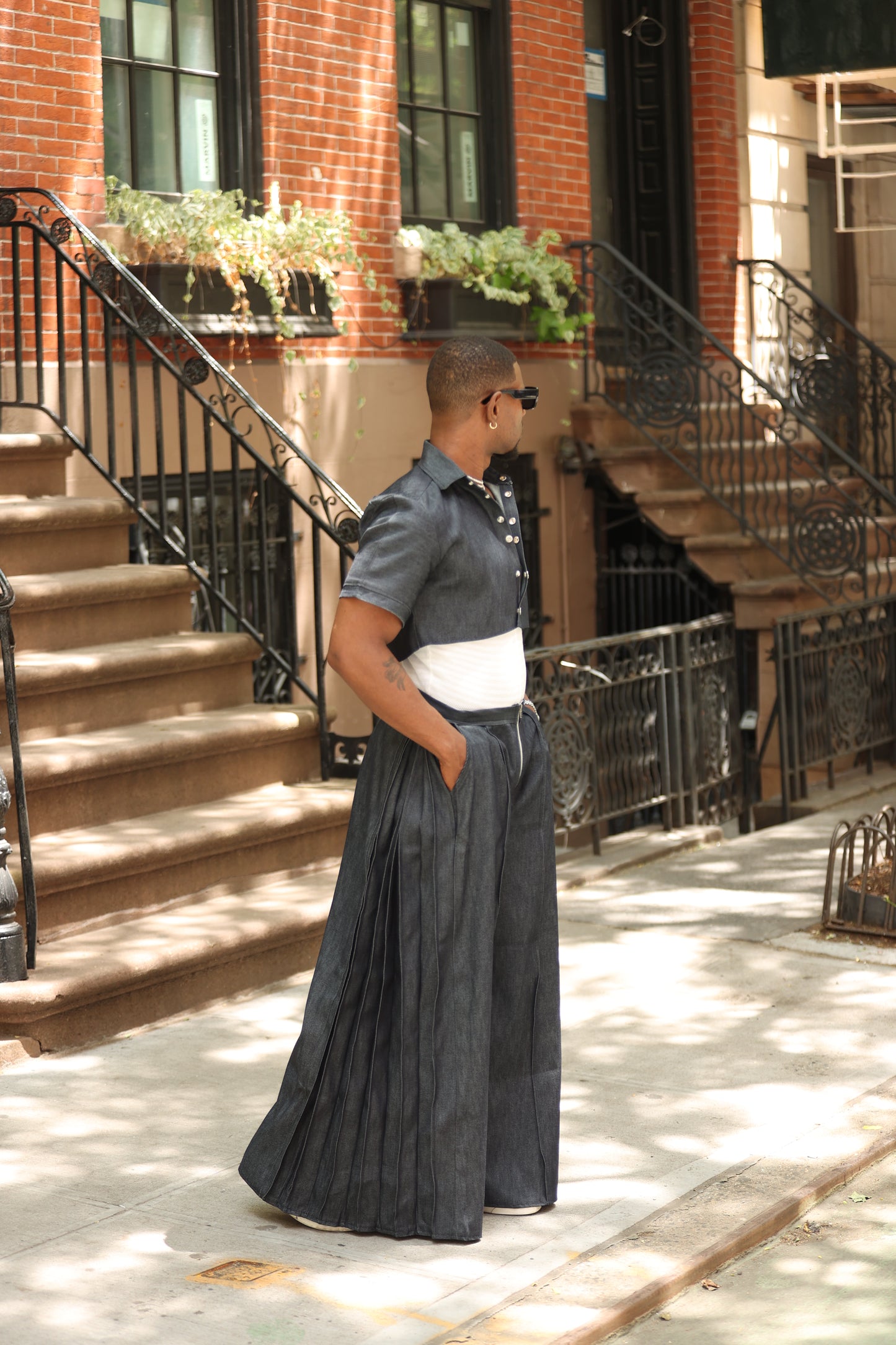 Drapery Denim Wide-Leg Pleated Pant