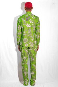 Green/ White/ Grey Floral Print Long Sleeve Collared Shirt with Snaps Slim Fit Made in NYC Green/ White/ Grey Floral Print Cargo Pants Relaxed Fit Slits at ankle Made in NYC